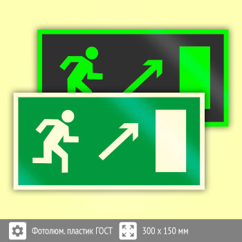 Знак E05 «Направление к эвакуационному выходу направо вверх» (фотолюминесцентный пластик ГОСТ 34428-2018, 300х150 мм)
